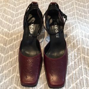 Coup De’Tat Burgundy Shoes with black heel.